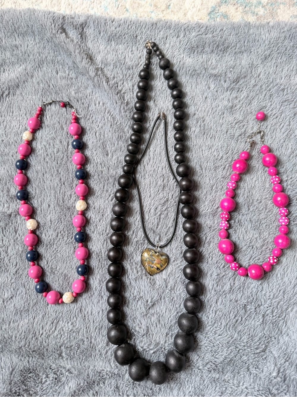 Bundle of Handcrafted Black Wood Bead Necklace with Glass Heart Pendant Necklace